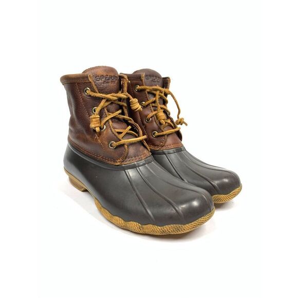 Sperry Women Black with Brown Leather Duck Boots Leather Laces Size 7.5 - Picture 1 of 6